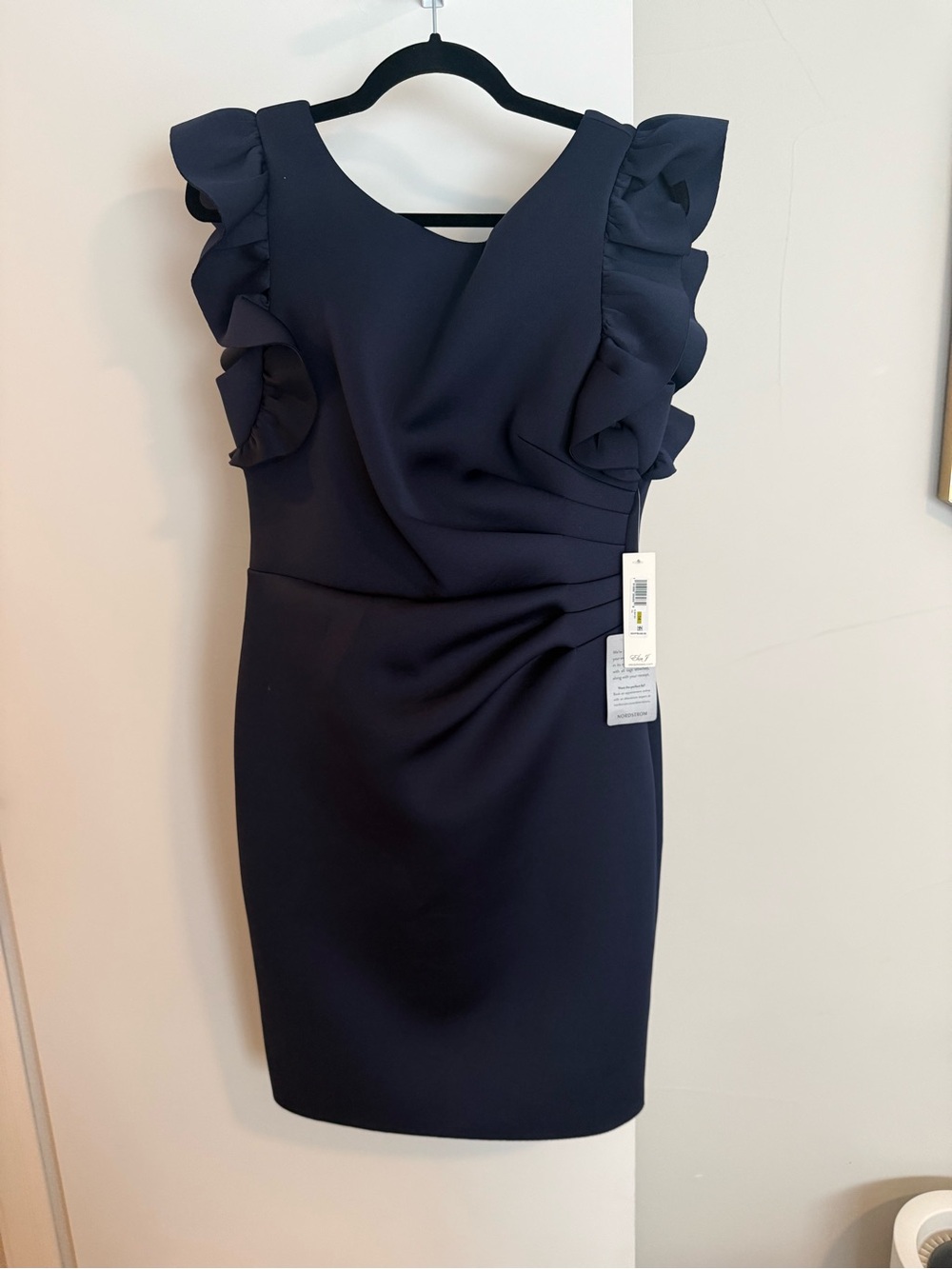 Eliza J Navy Ruffle-Shoulder Sheath Dress